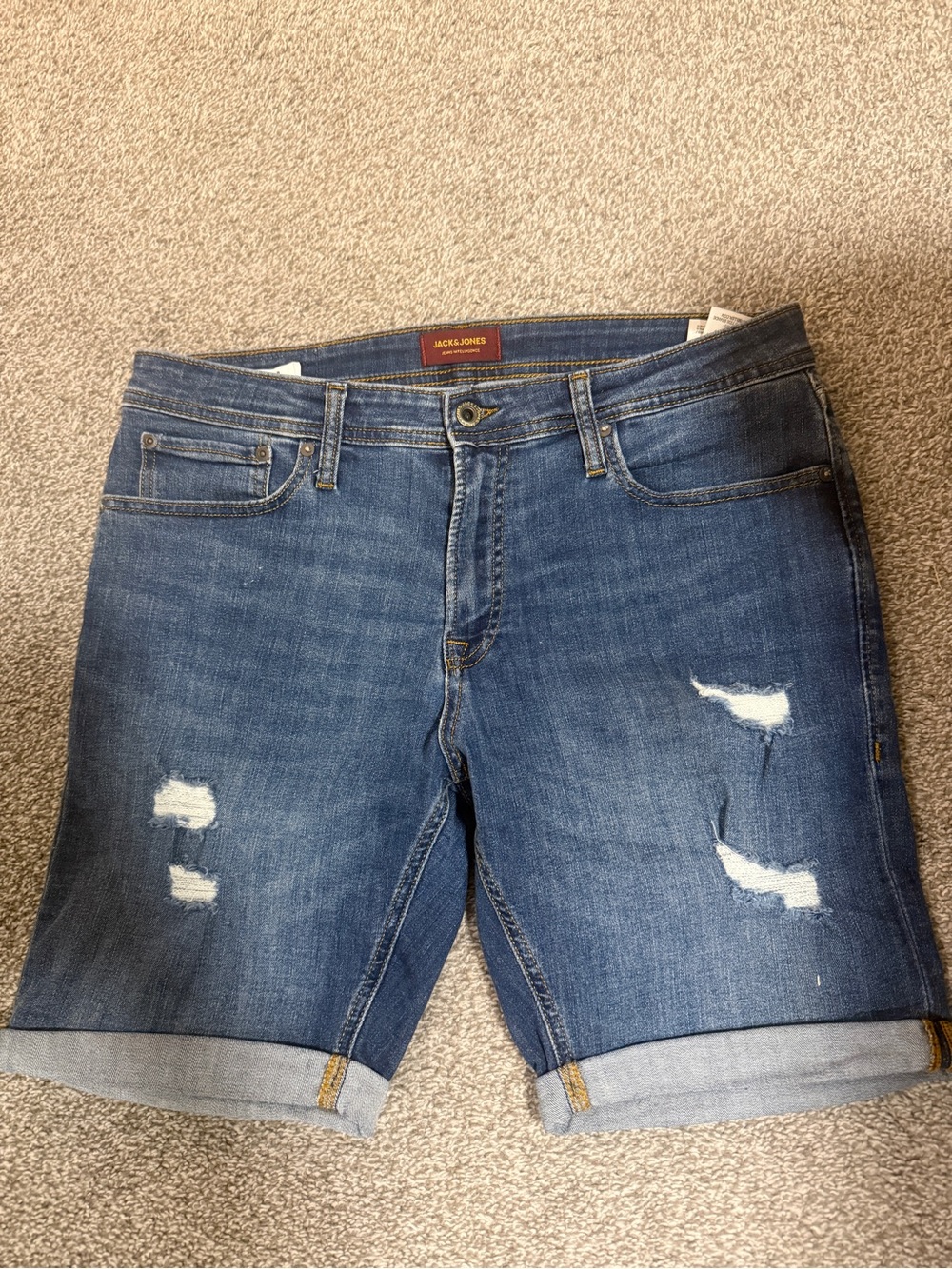 Jack & Jones Blue Distressed Rolled-Hem Denim Shorts